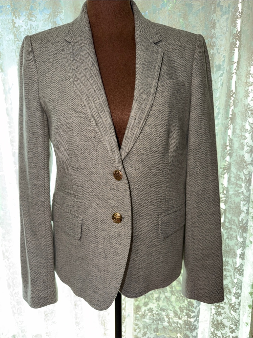 J. Crew Women's Gray Herringbone Blazer with Gold Buttons